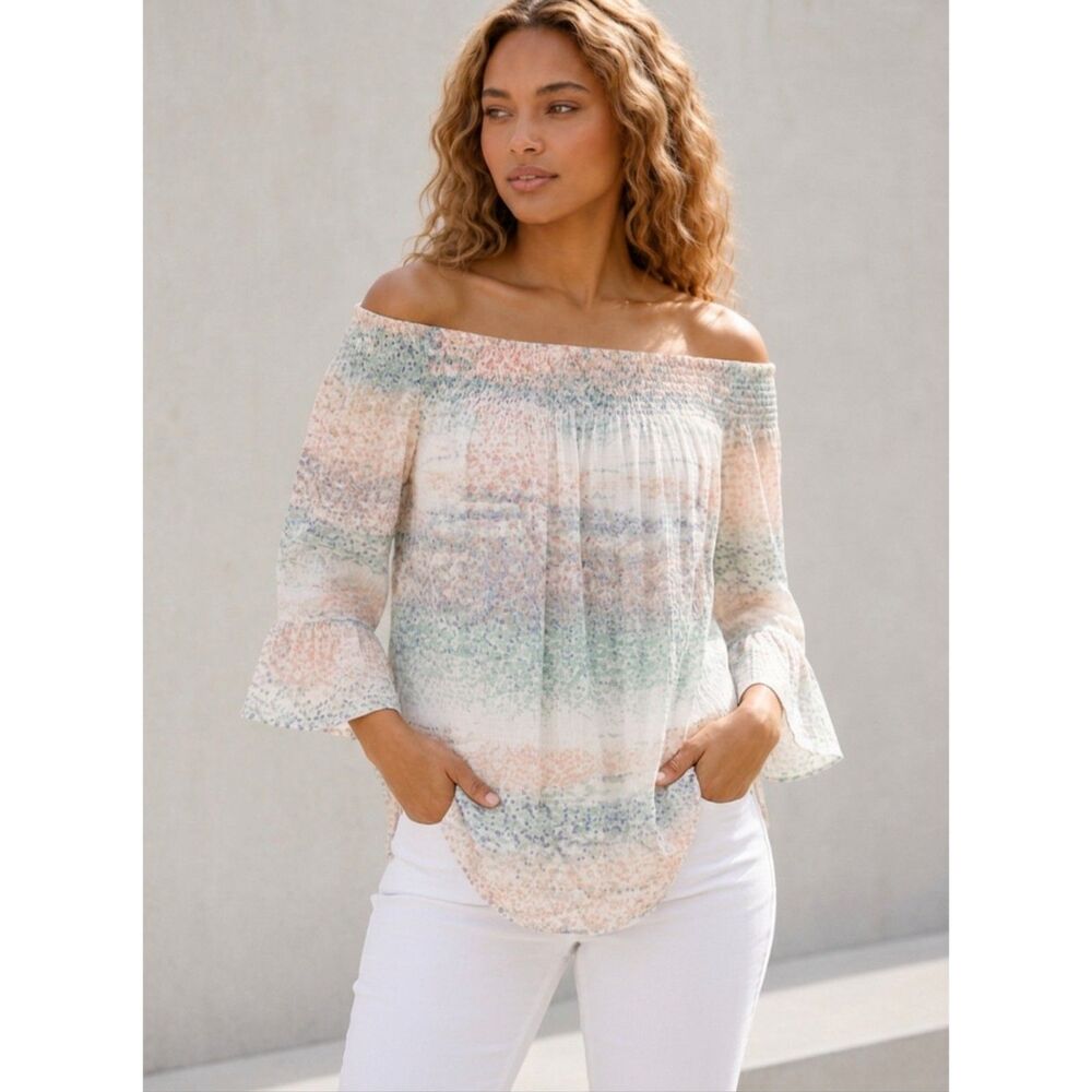 Zac & Rachel Pastel Boho Crinkle Blouse Off Shoulder Bell Sleeve Smocked Neck 1X